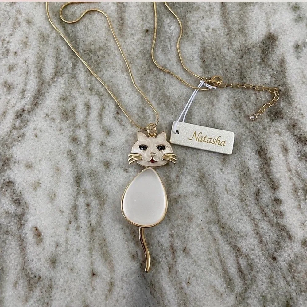 Natasha Couture White and Gold Cat Pendant Necklace
